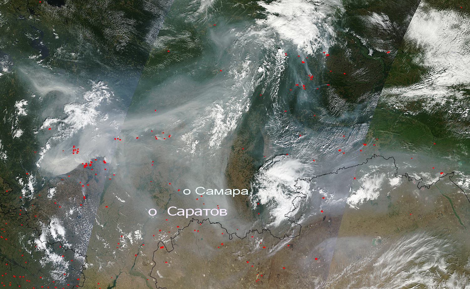 Карта пожаров в европейской части России 04 августа 2010. Фотография со спутника пожаров в России 4 августа 2010 года, A0 - 
