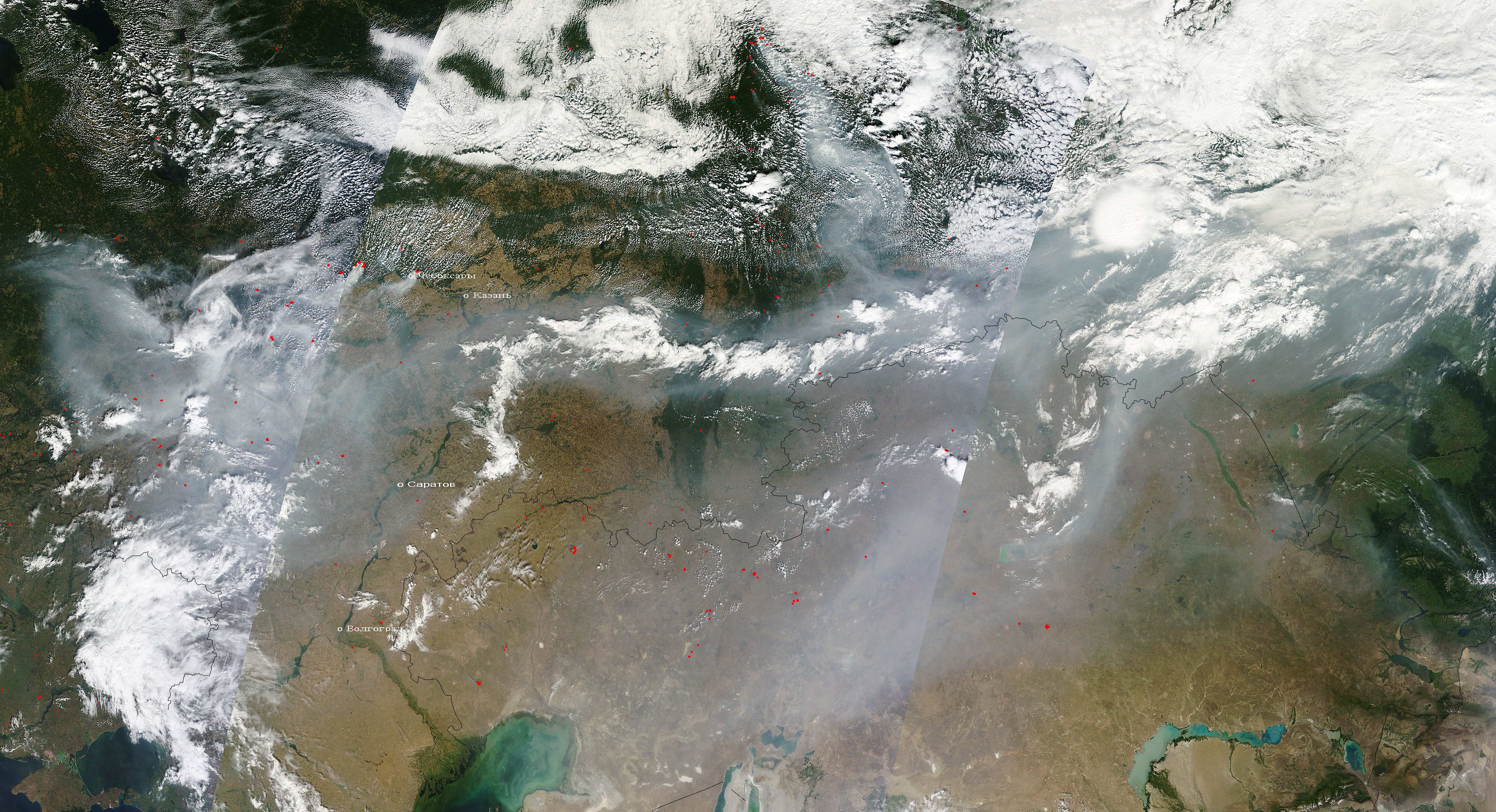 Карта лесных пожаров 13 августа 2010 года. Спутниковая карта лесных пожаров в Московской области и европейской части России 13 августа 2010 года, A0 - 