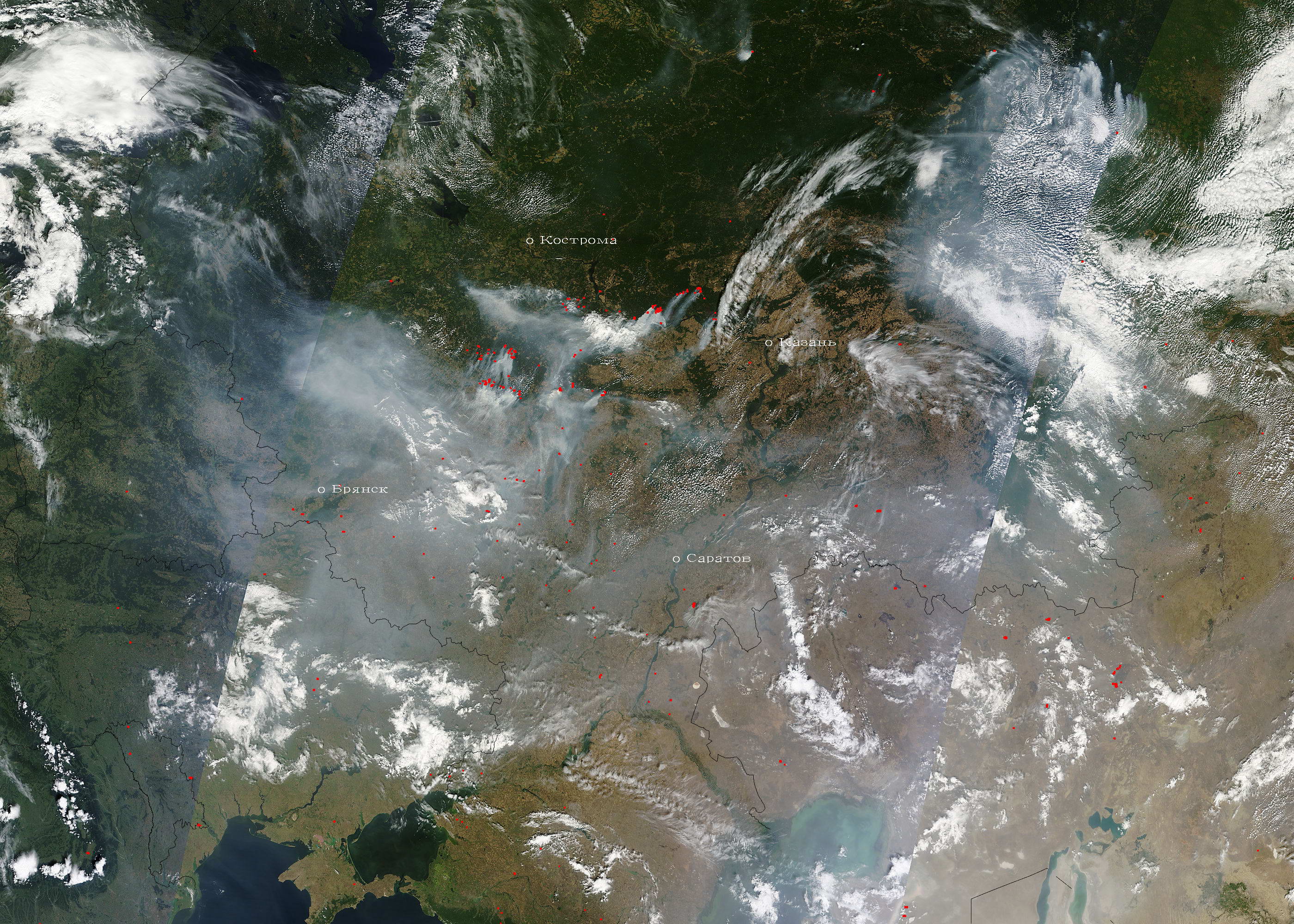 Карта лесных пожаров в Московской области 14 августа 2010 года. Фото лесных пожаров со спутника. Карта пожаров в России и на Украине 14 августа 2010, A0 - 